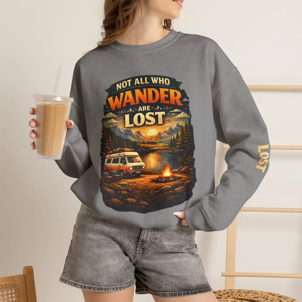 Unisex Heavy Blend™ Crewneck Sweatshirt — "Not All Who Wander Are Lost" Design Scenic-Line