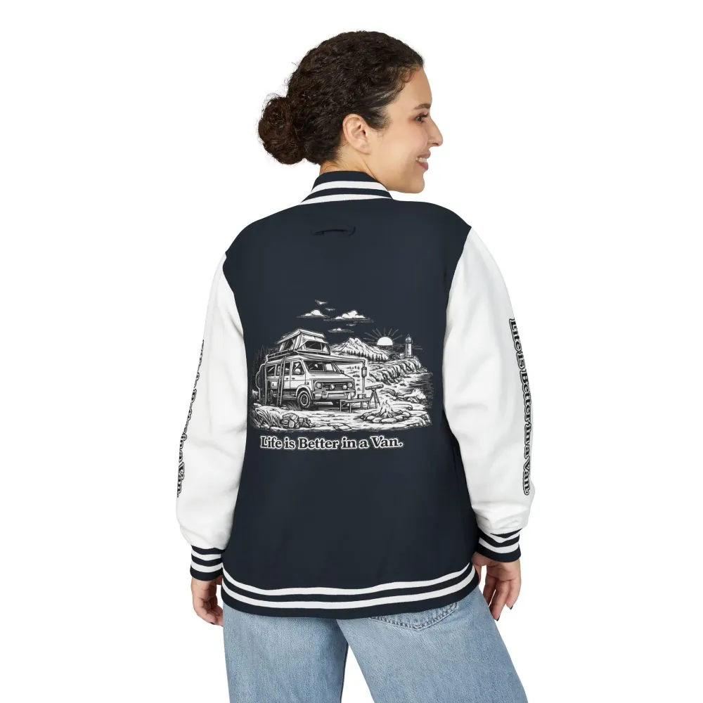 125740768527428614_2048.jpeg Unisex Heavyweight Letterman Jacket — "Life Is Better In A Van" Travel Varsity Coat
