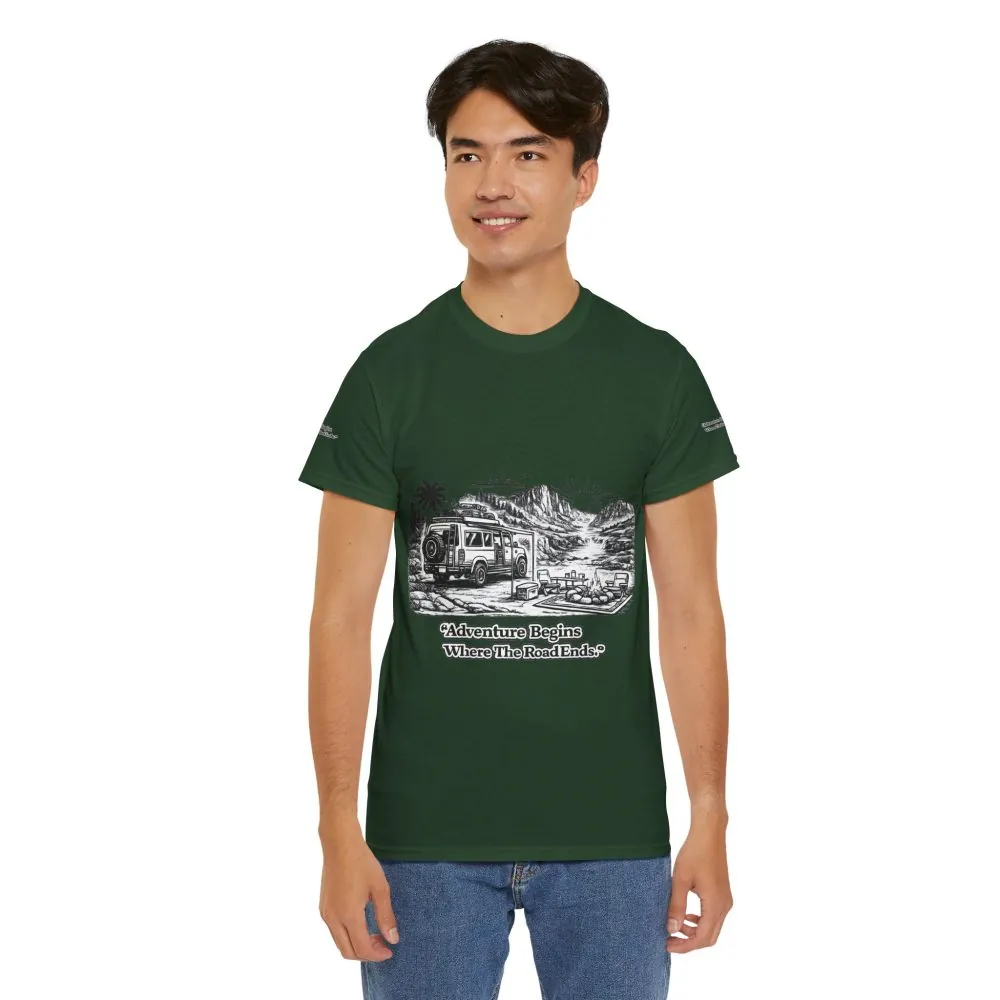 12595375092218447740_2048.jpeg Unisex Heavy Cotton Tee — "Adventure Begins Where The Road Ends" Design Minimal-Line