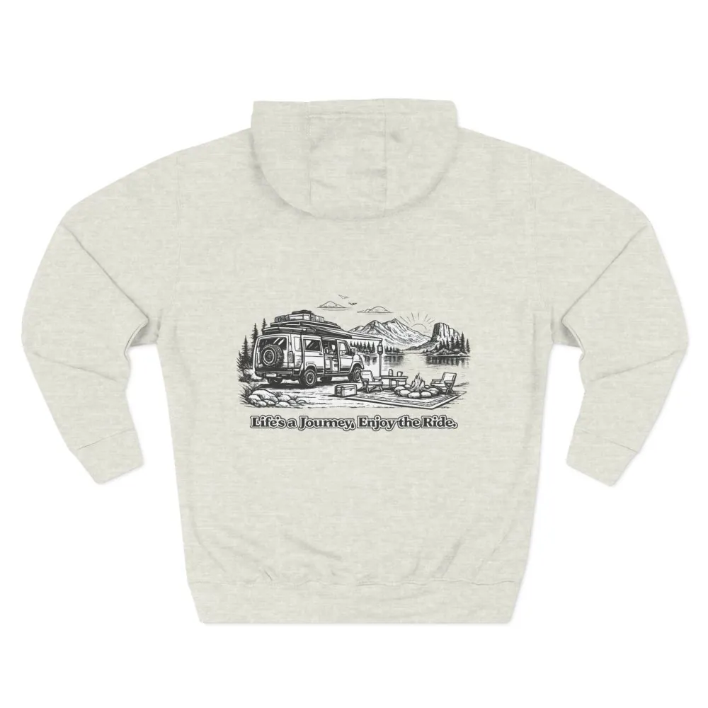 Three-Panel Fleece Hoodie - "Lifes A Journey,Enjoy The Ride" Design Minimal-Line