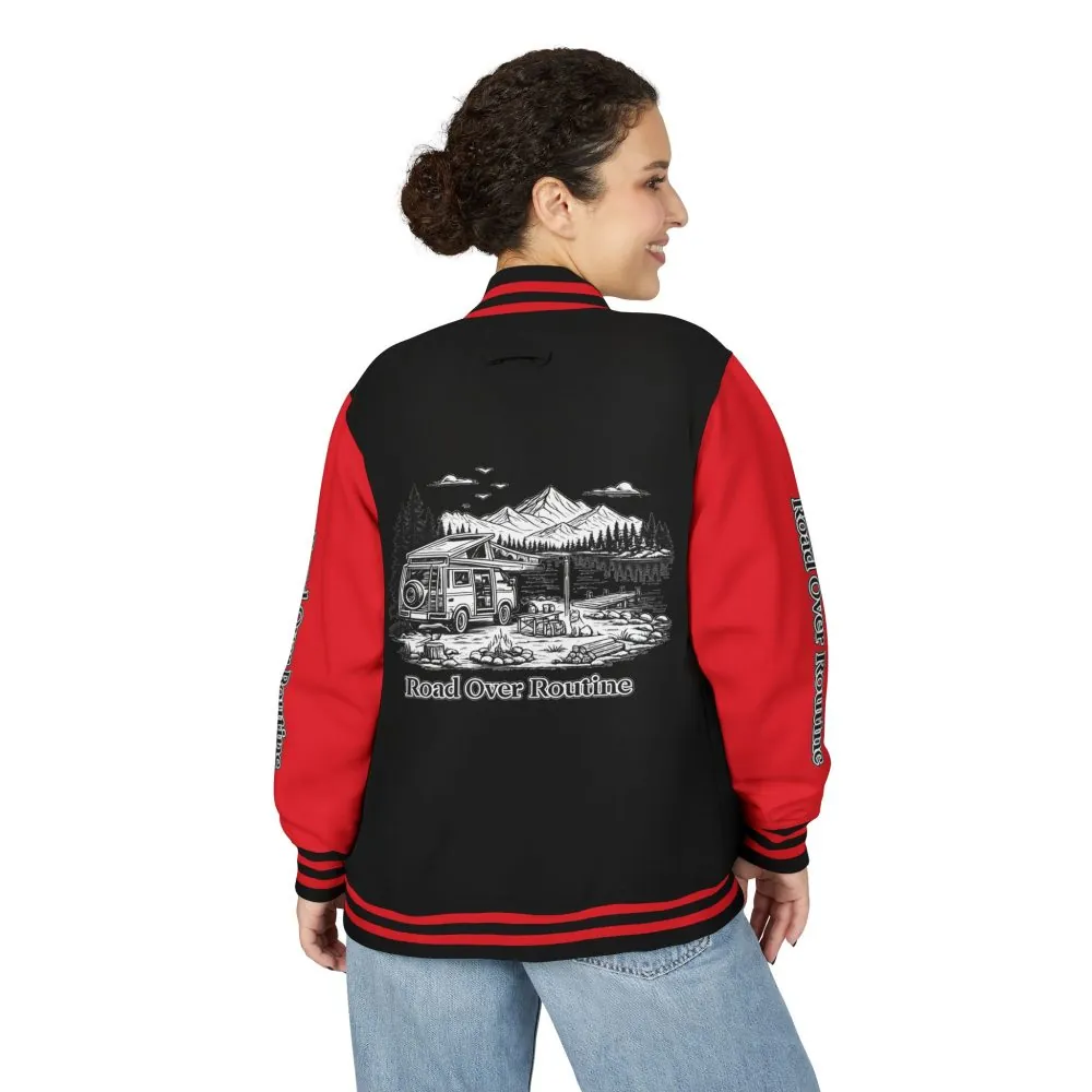 1261810602407029056_2048.jpeg Unisex Heavyweight Letterman Jacket — "Road Over Routine" Travel Varsity Coat