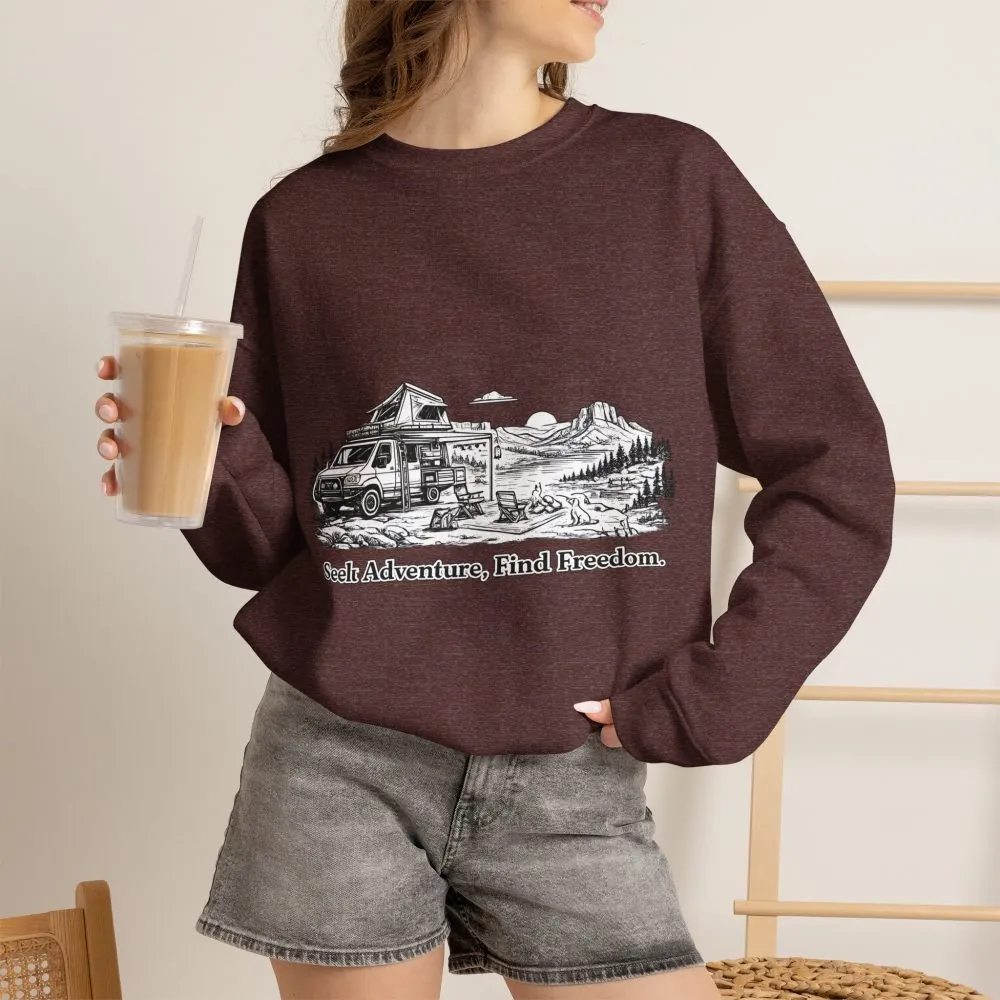 12633045744604592604_2048.jpeg Unisex Heavy Blend™ Crewneck Sweatshirt — "Seek Adventure, Find Freedom" Design Minimal-Line
