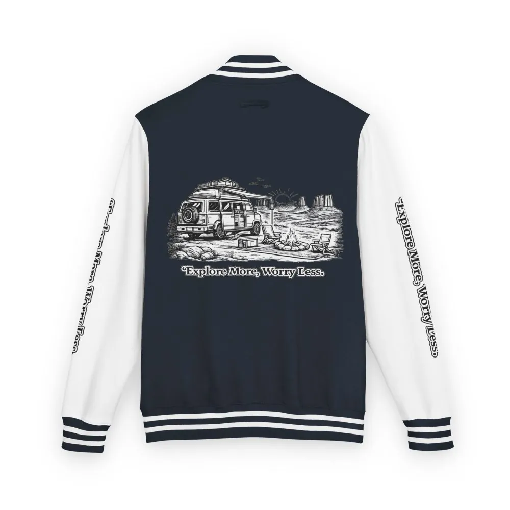 12650888893687449424_2048.jpeg Unisex Heavyweight Letterman Jacket — "Explore More Worry Less" Travel Varsity Coat