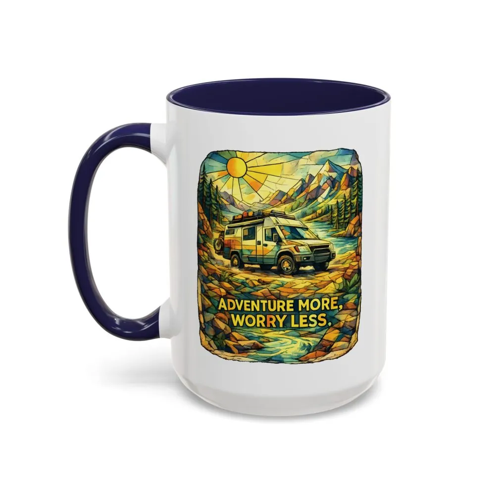 Accent Coffee Mug (11, 15oz) — "Adventure More Worry Less" Design Cubic-Line