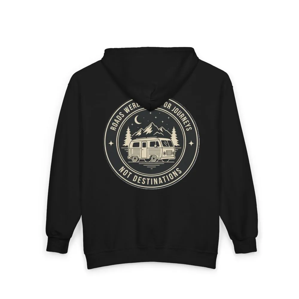 12658388744756164485_2048.jpeg Zip Hoodie — "ROAD WHERE MADE FOR JOURNEYS-NOT DESTINATIONS"(Front + Back Printed) Camper Van Adventure Zip-Up