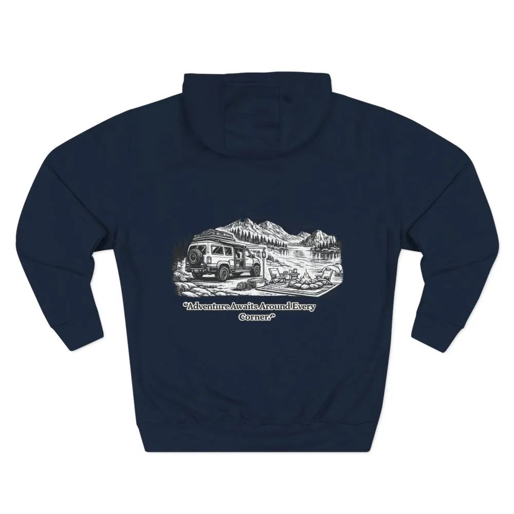 12659406105836701697_2048.jpeg Three-Panel Fleece Hoodie - "Adventure Awaits Around Every Corner" Design Minimal-Line