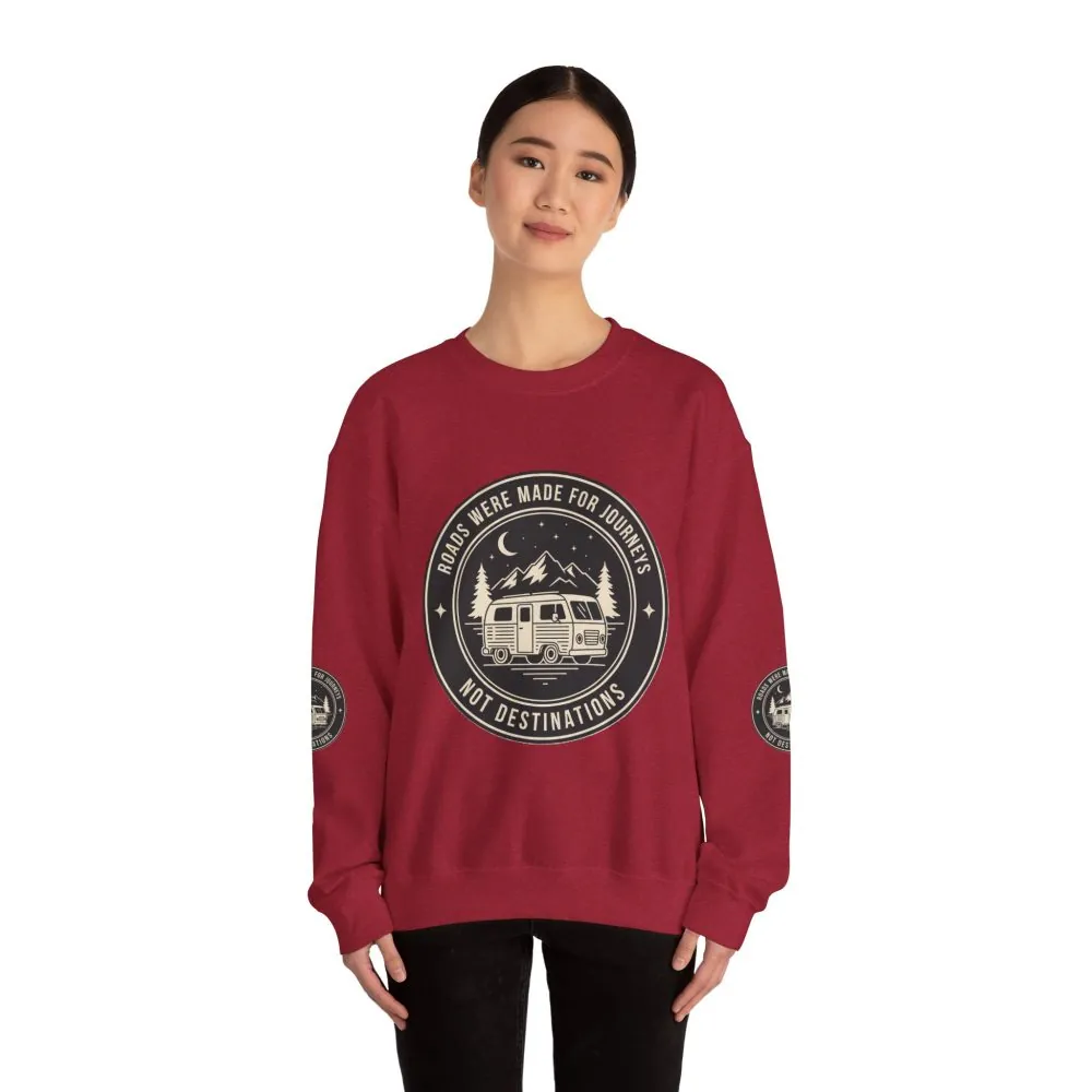 1266871083670278784_2048.jpeg Crewneck Sweatshirt — "ROAD WHERE MADE FOR JOURNEYS-NOT DESTINATIONS" (Font + Back + Sleaves printed) Vintage Camper Van Outdoor Graphic