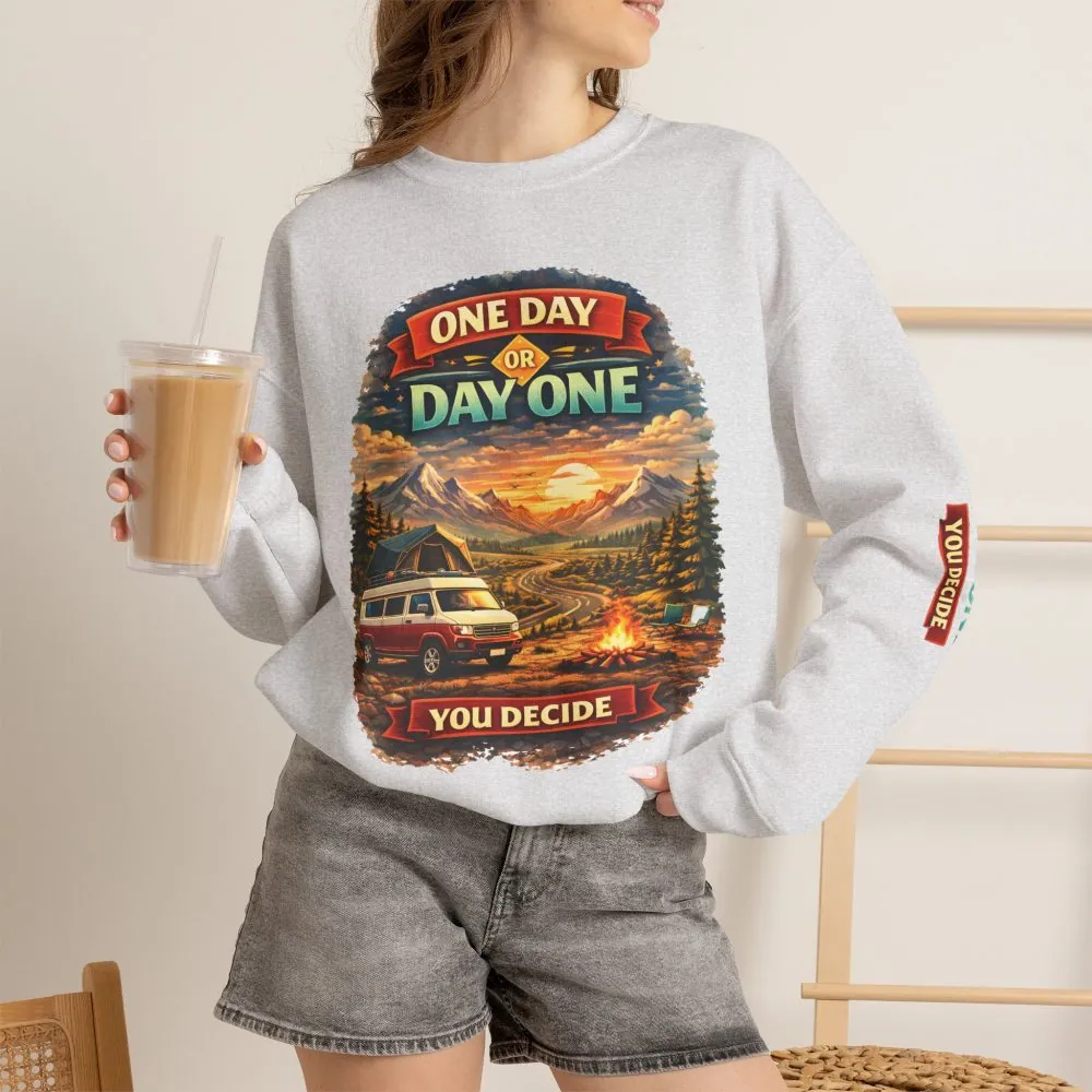 Unisex Heavy Blend™ Crewneck Sweatshirt — "One Day Or Day One" Design Scenic-Line