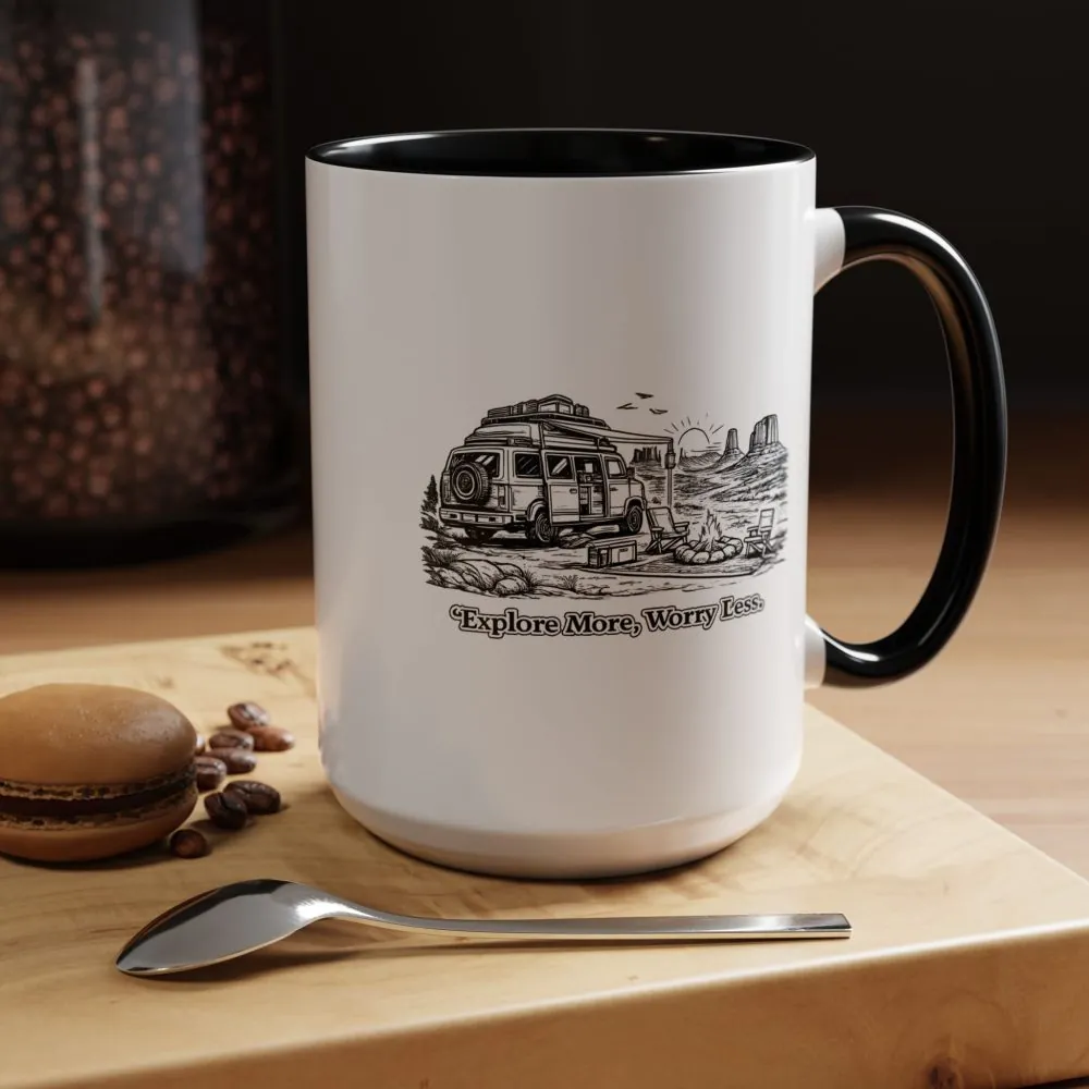 Accent Coffee Mug (11, 15oz) — "Explore More Worry Less" Design Minimal-Line