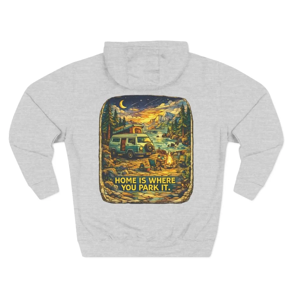 Three-Panel Fleece Hoodie - ""Home Is Where You Park It"" Design Cubic-Line