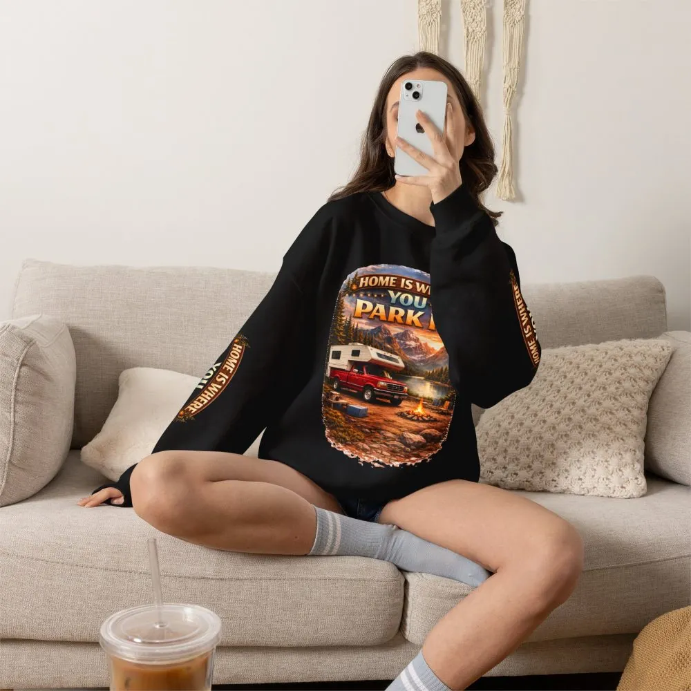 Unisex Heavy Blend™ Crewneck Sweatshirt — "Home Is Where You Park It" Design Scenic-Line
