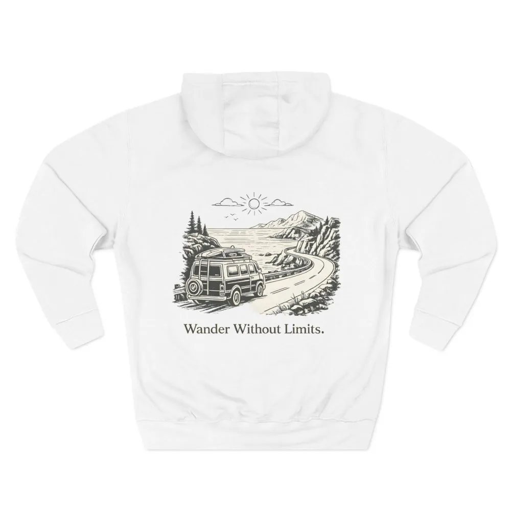 Three-Panel Fleece Hoodie - "Wander Without Limits" Design Minimal-Line