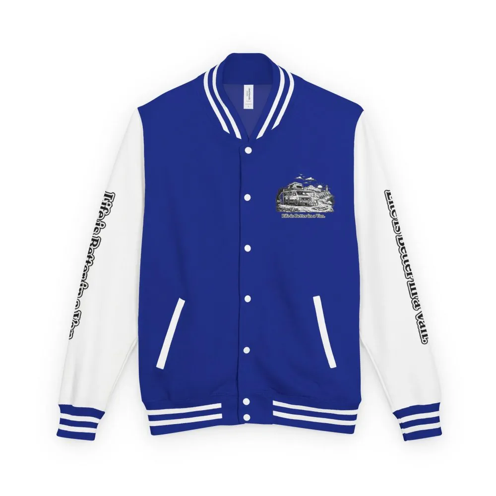 12883856532728647606_2048.jpeg Unisex Heavyweight Letterman Jacket — "Life Is Better In A Van" Travel Varsity Coat