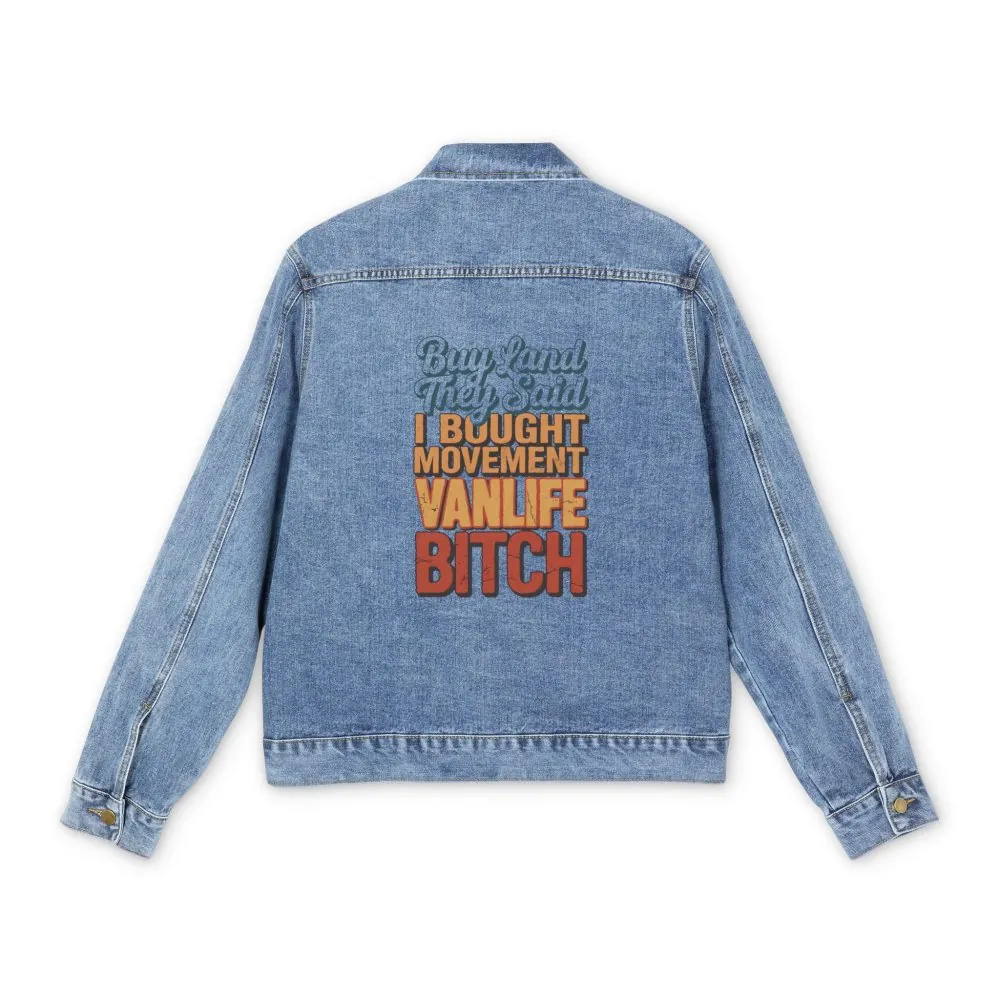 12885193454255310380_2048.jpeg Men's Denim Jacket — "Buy Land They Said" Design F**K-Line