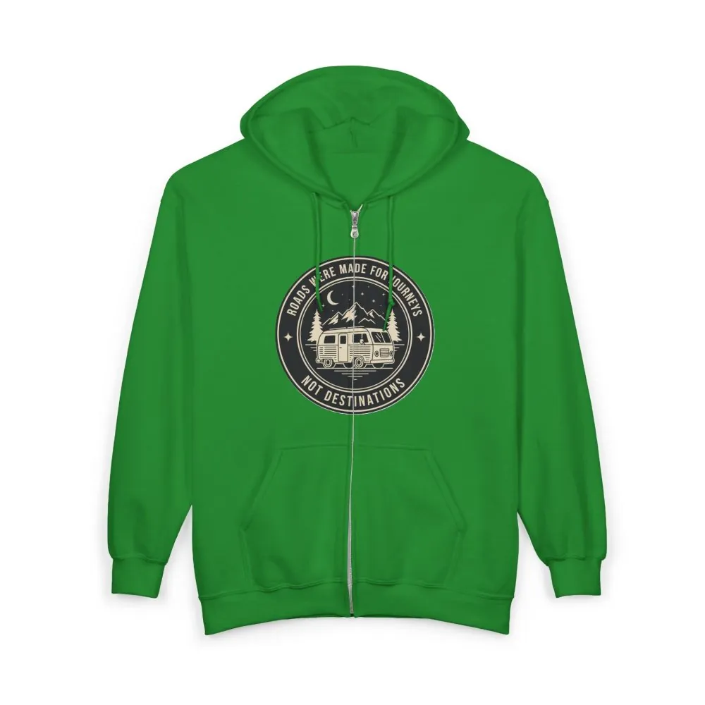 12891286202814579512_2048.jpeg Zip Hoodie — "ROAD WHERE MADE FOR JOURNEYS-NOT DESTINATIONS"(Front + Back Printed) Camper Van Adventure Zip-Up