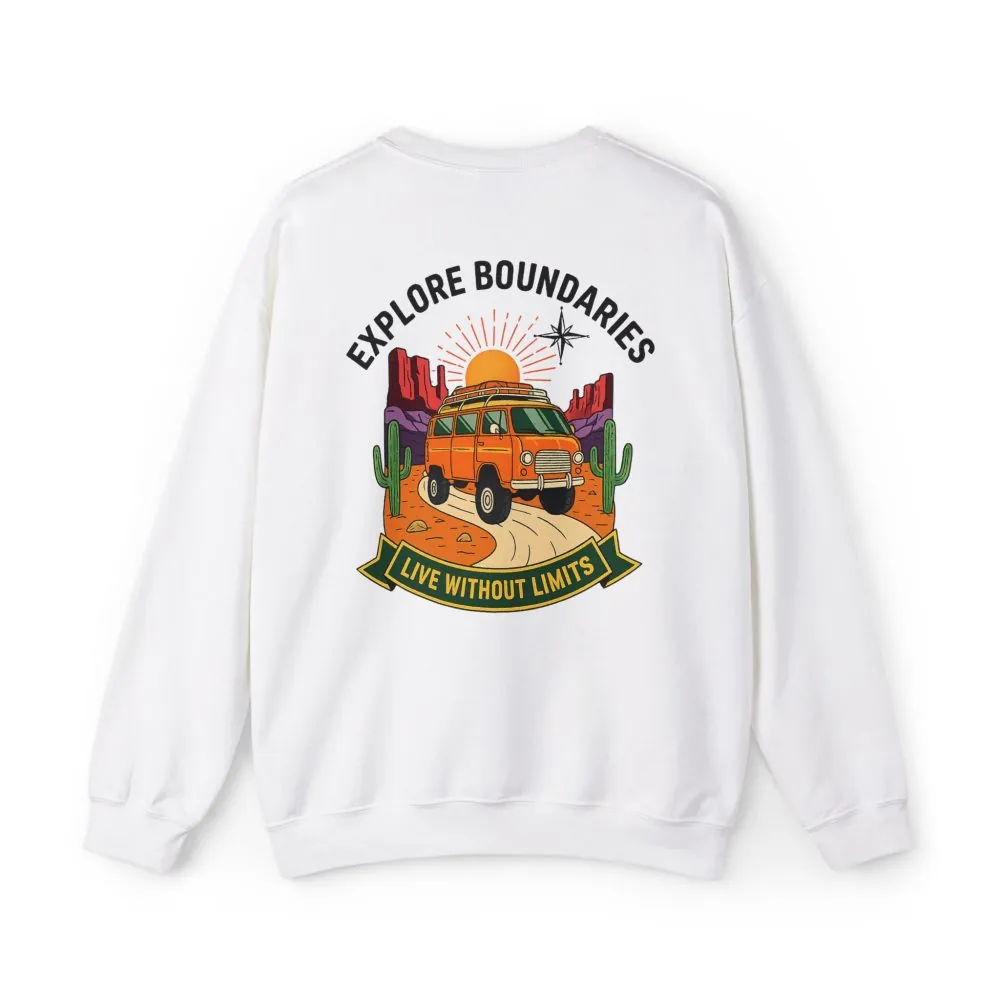 Crewneck Sweatshirt — “Explore Bounderies-Live Without Limits” Desert Road Trip Graphic
