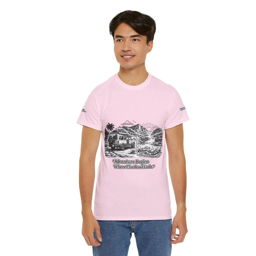 12912127783448324539_2048.jpeg Unisex Heavy Cotton Tee — "Adventure Begins Where The Road Ends" Design Minimal-Line