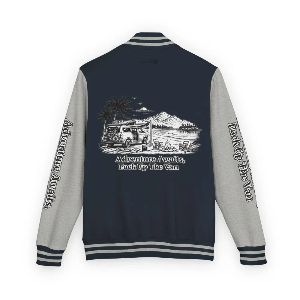 12924501363774020048_2048.jpeg Unisex Heavyweight Letterman Jacket — "Adventure Awaits,Pack Up The Van" Travel Varsity Coat