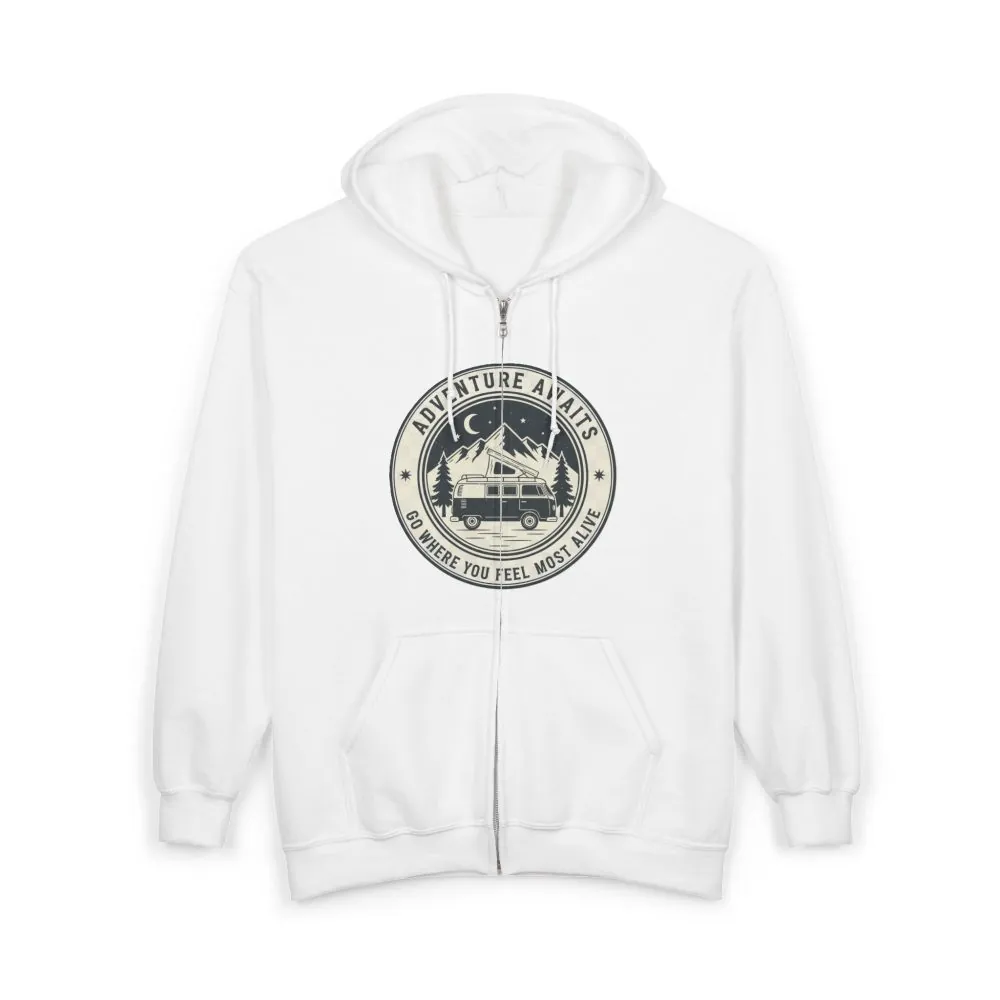 12929568668228658076_2048.jpeg Zip Hoodie — "Adventure Awaits-Go Where You Feel Most Alive" (Only Front Printed) Camper Van Adventure Zip-Up