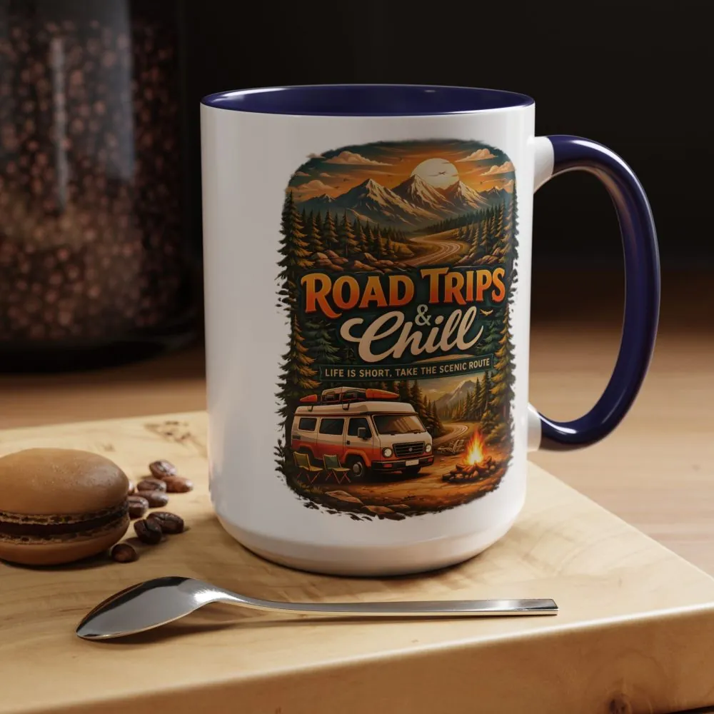 Accent Coffee Mug (11, 15oz) — "Road Trips & Chill" Design Scenic-Line
