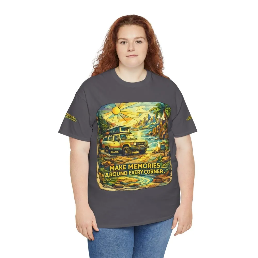12946236752820118557_2048.jpeg Unisex Heavy Cotton Tee — "Make Memories Around Every Corner" Design Cubic-Line