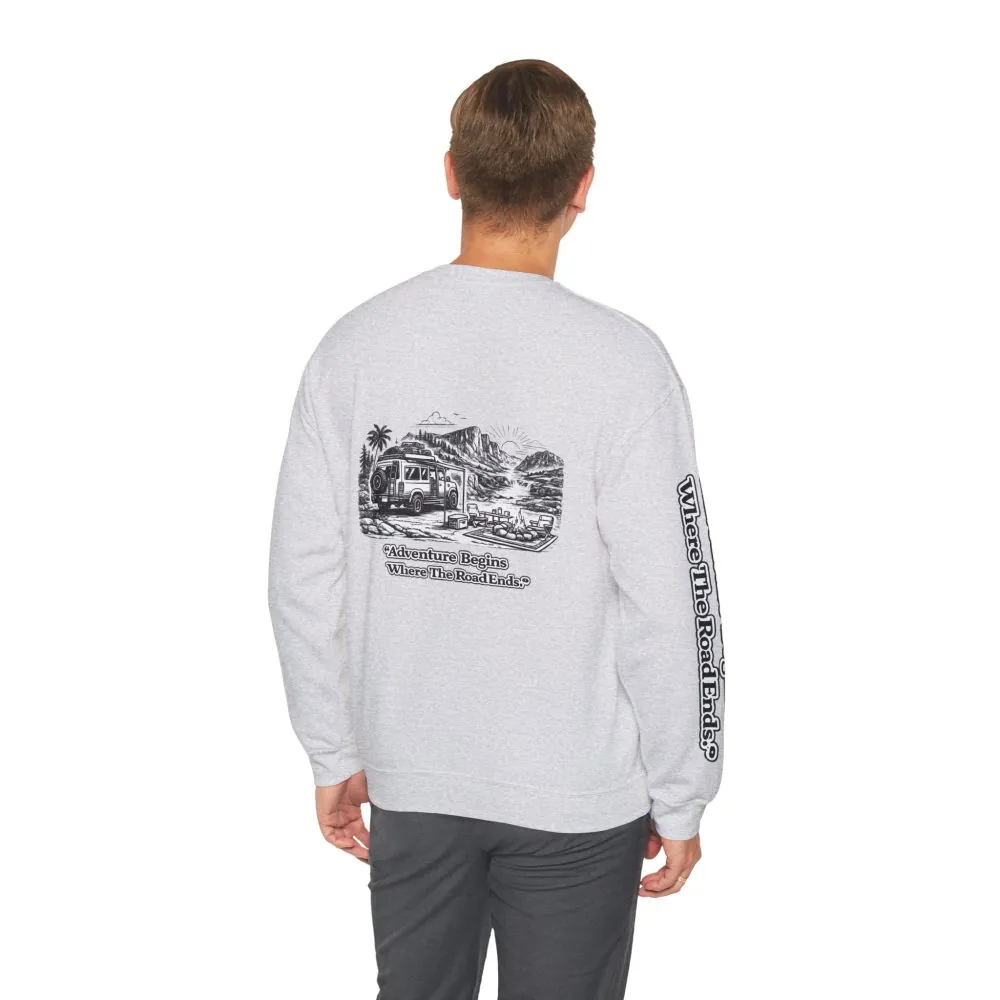 12960857030717060184_2048.jpeg Unisex Heavy Blend™ Crewneck Sweatshirt — "Adventure Begins Where The Road Ends" Design Minimal-Line