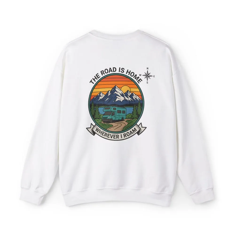 12968510064183967622_2048.jpeg Crewneck Sweatshirt — "The Road Is Home" RV Camper Mountain Adventure