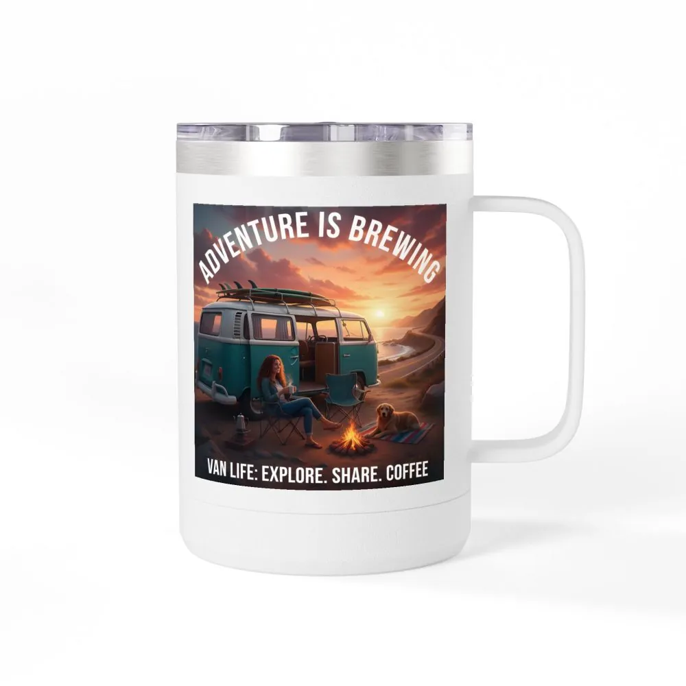 Coffee Mug Tumbler, 15oz-- "Adventure Is Brewing"
