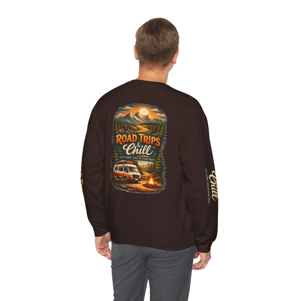 Unisex Heavy Blend™ Crewneck Sweatshirt — "Road Trips & Chill" Design Scenic-Line