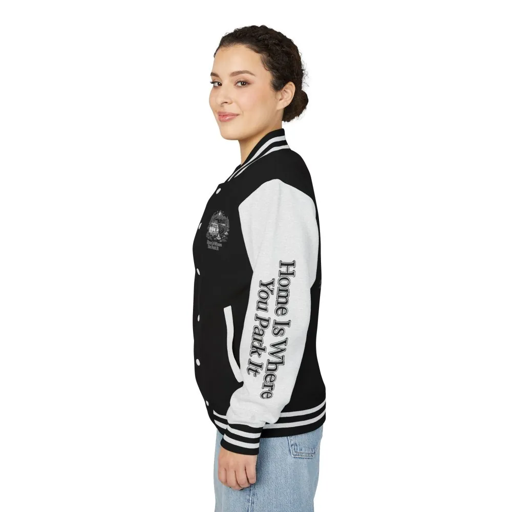 130206467707946897_2048.jpeg Unisex Heavyweight Letterman Jacket — "Home Is Where You Park It" Travel Varsity Coat