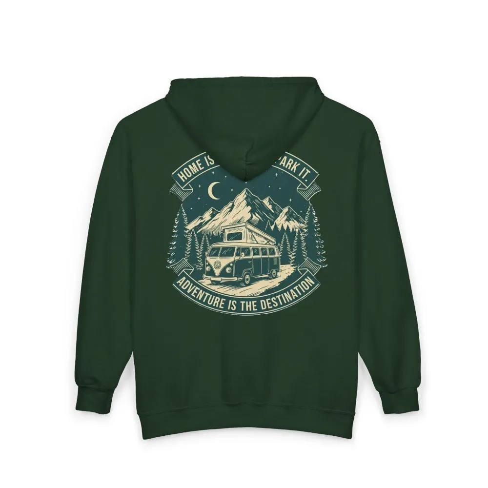 13037469078536801674_2048.jpeg Zip Hoodie — "Home Is Where You Park It-Adventure is the destination"(Only Back Printed) Camper Van Adventure Zip-Up