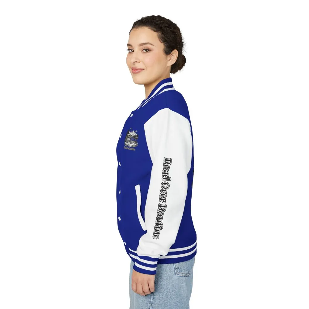 13039313602265277200_2048.jpeg Unisex Heavyweight Letterman Jacket — "Road Over Routine" Travel Varsity Coat