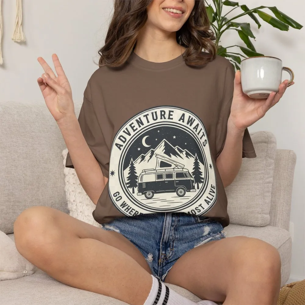 1306444353043076114_2048.jpeg T-Shirt — "Adventure Awaits-Go Where You Feel Most Alive" (Only Front Printed) Outdoor Travel Tee