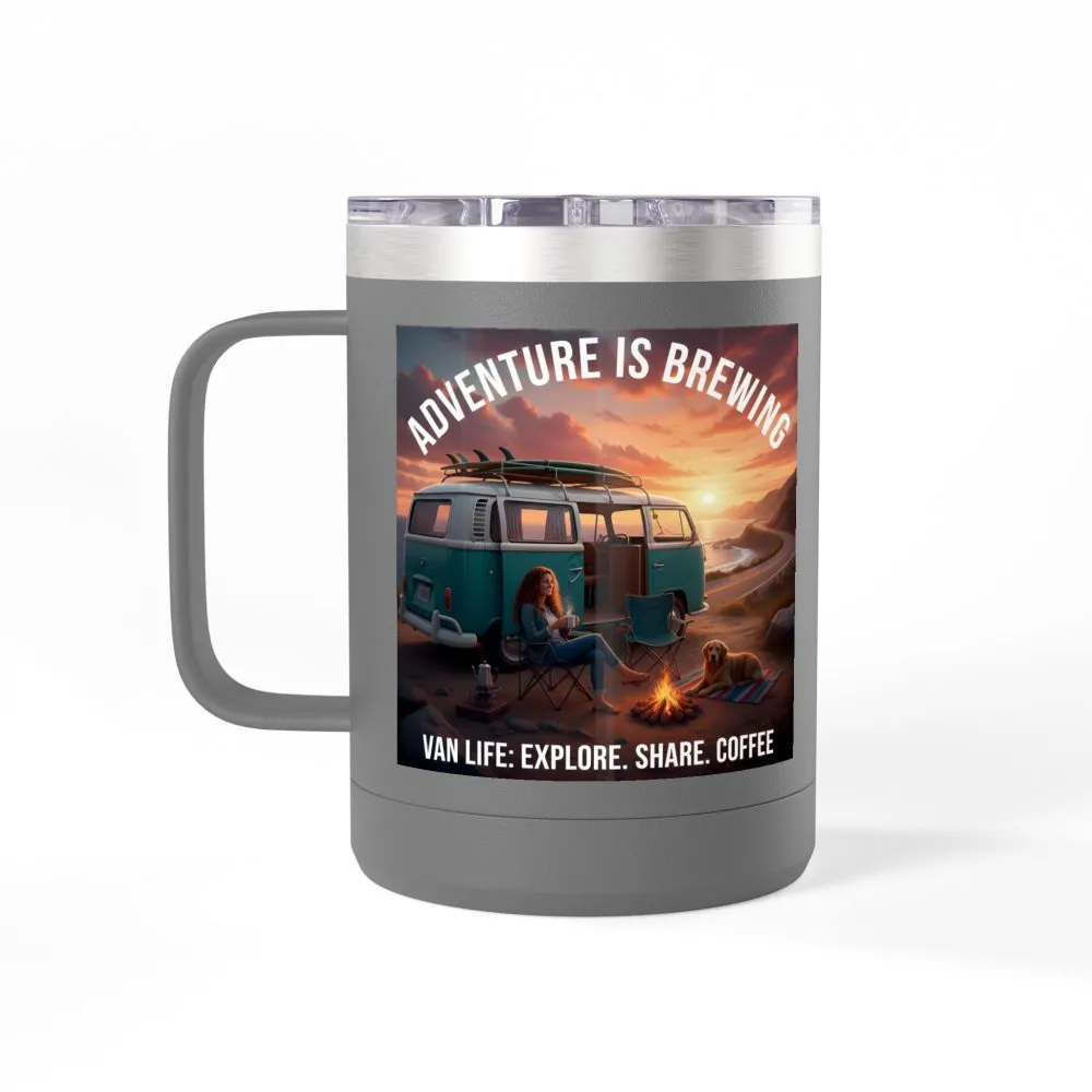 Coffee Mug Tumbler, 15oz-- "Adventure Is Brewing"