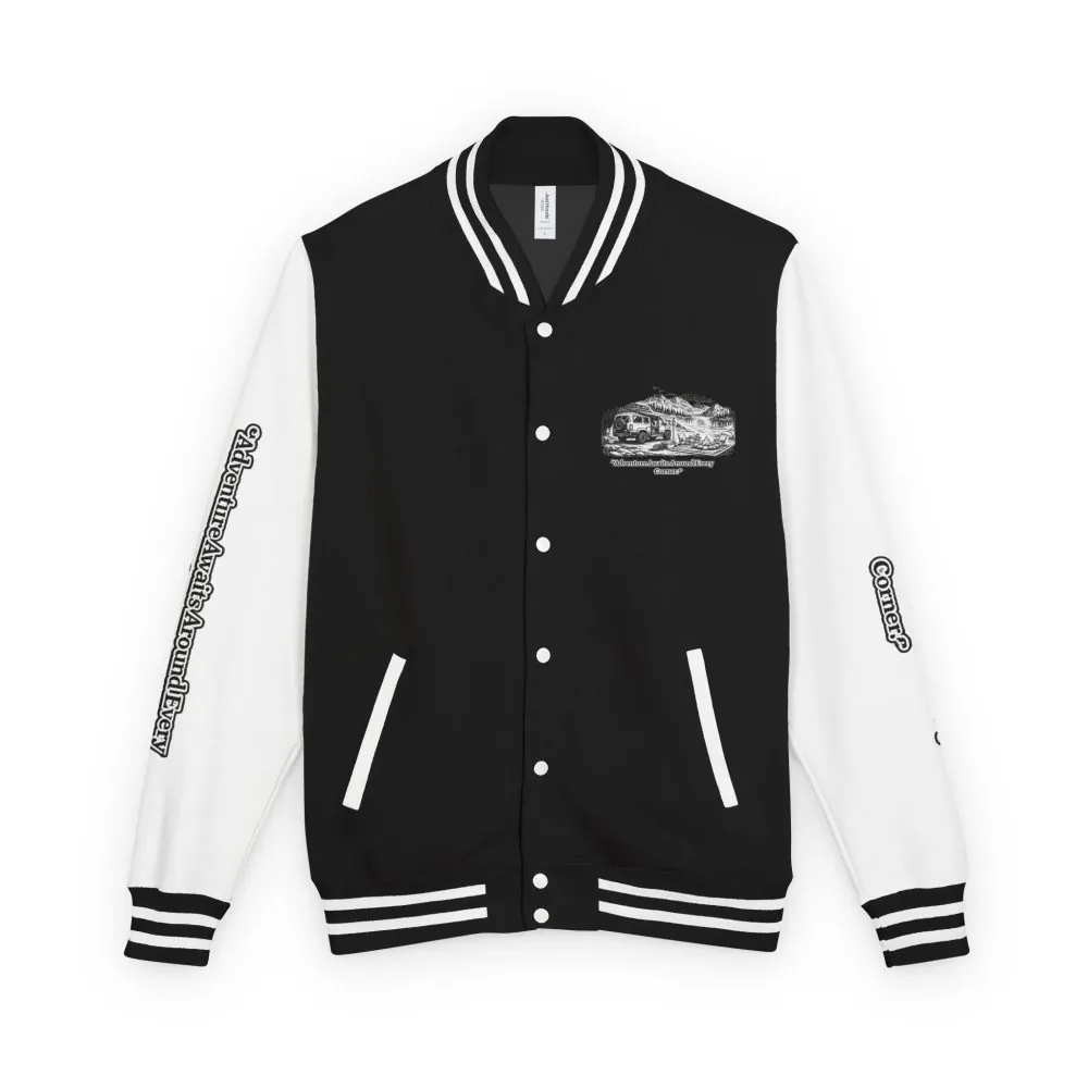 13090124551351452857_2048.jpeg Unisex Heavyweight Letterman Jacket — "Adventure Awaits Around Every Corner" Travel Varsity Coat
