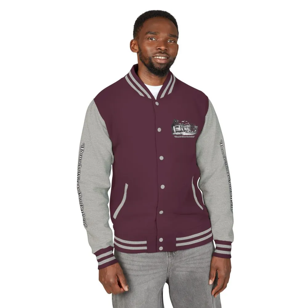 13091861837994440973_2048.jpeg Unisex Heavyweight Letterman Jacket — "Home Is Where You Park It" Travel Varsity Coat