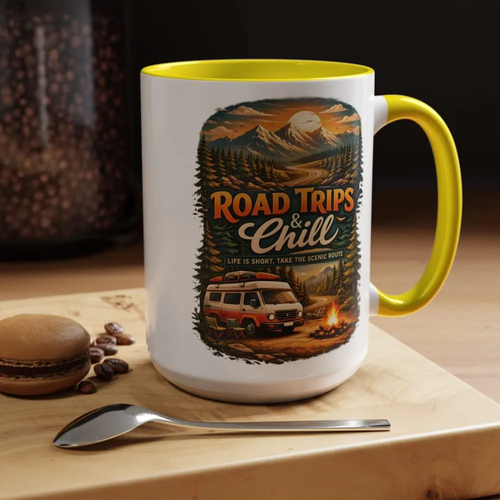 Accent Coffee Mug (11, 15oz) — "Road Trips & Chill" Design Scenic-Line