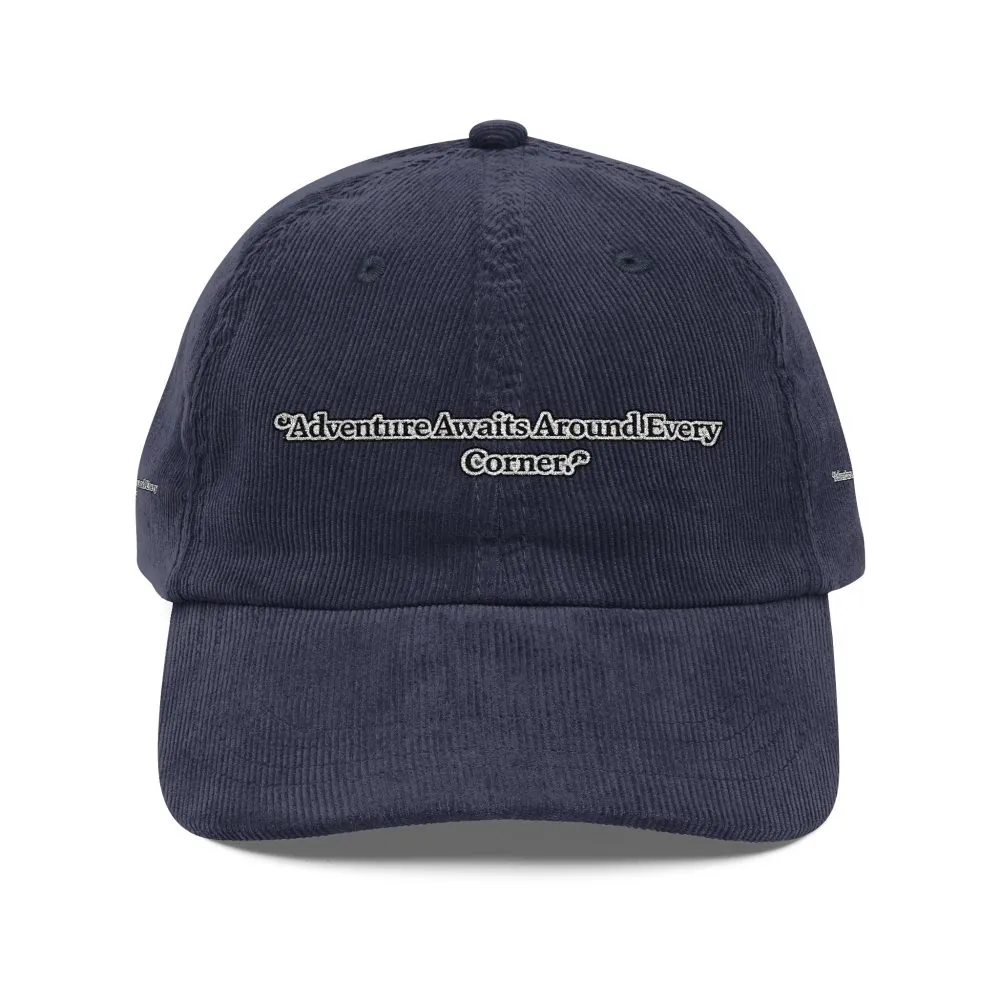 1310085472880760086_2048.jpeg Vintage Corduroy Cap (Embroidery) — "Adventure Awaits Around Every Corner" Embroidered Hat