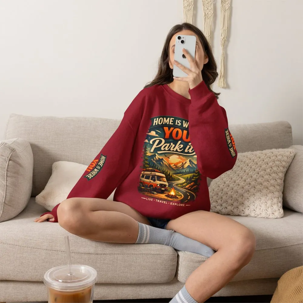 Unisex Heavy Blend™ Crewneck Sweatshirt — "Home Is Where You Park It" Design Scenic-Line