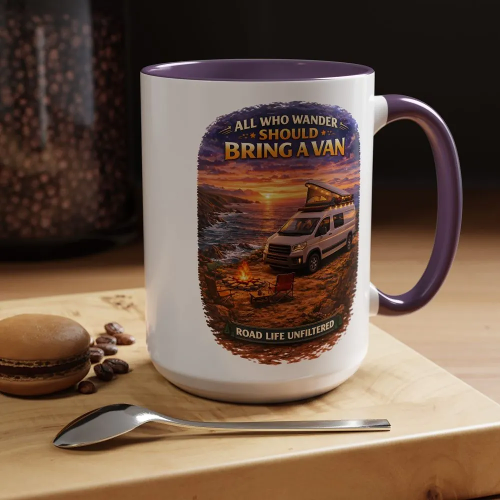 Accent Coffee Mug (11, 15oz) — "All Who wander Should Bring A Van" Design Scenic-Line