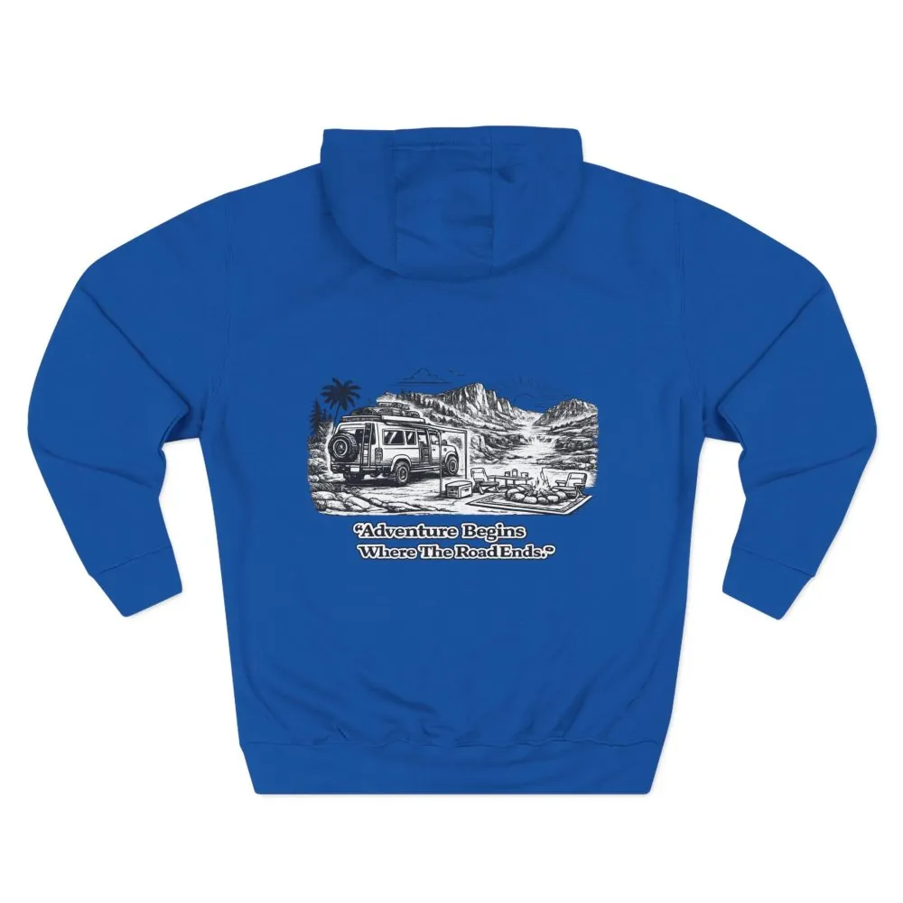 13117113507052997509_2048.jpeg Three-Panel Fleece Hoodie - "Adventure Begins Where The Road Ends" Design Minimal-Line