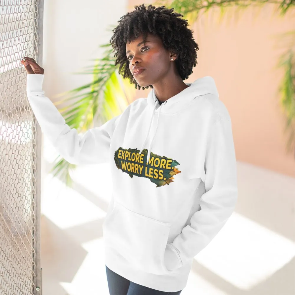 Three-Panel Fleece Hoodie - "Explore More Worry Less" Design Cubic-Line