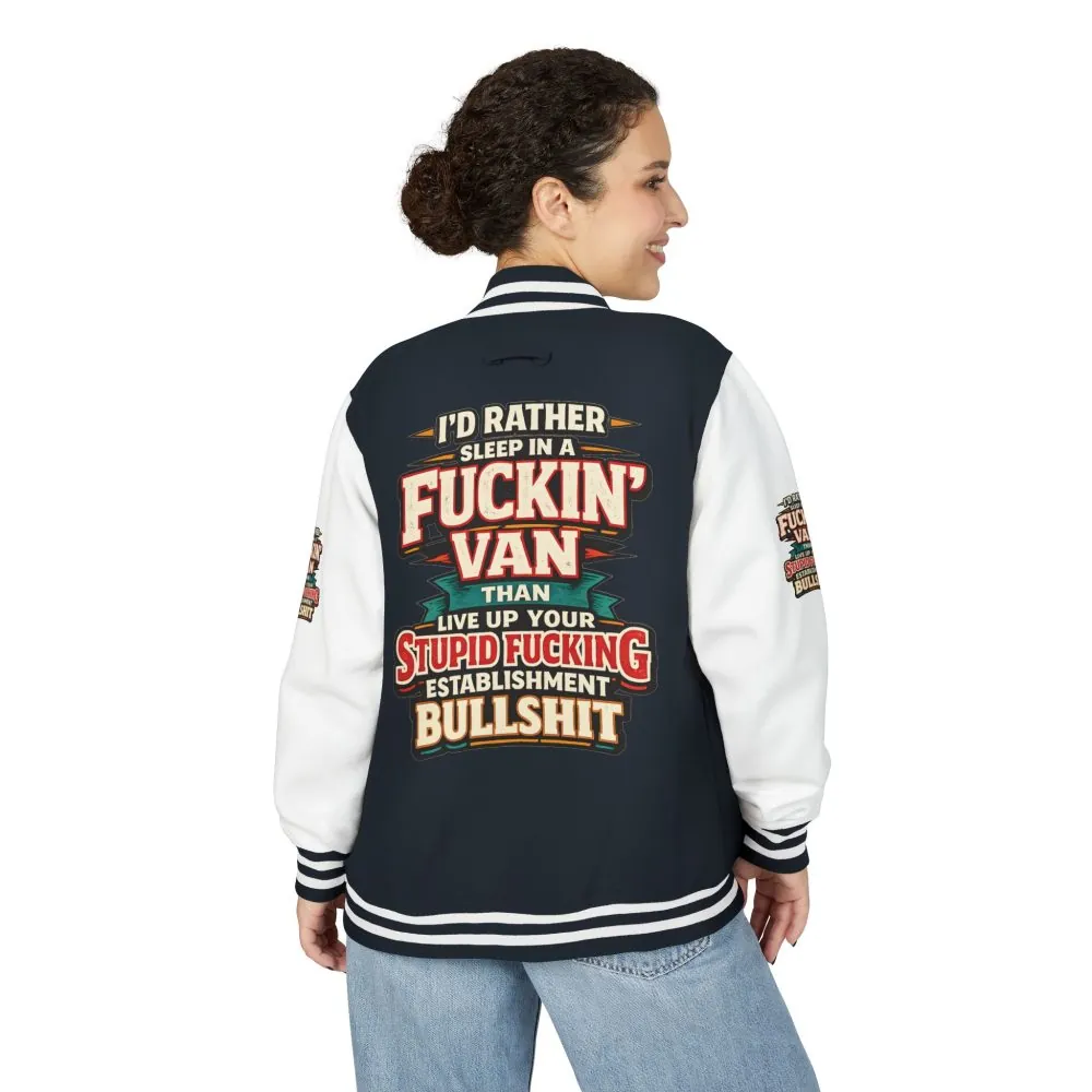 13146111599801277556_2048.jpeg Unisex Heavyweight Letterman Jacket — "I´d Rather Sleep in A Fucking Van" Design F**K-Line