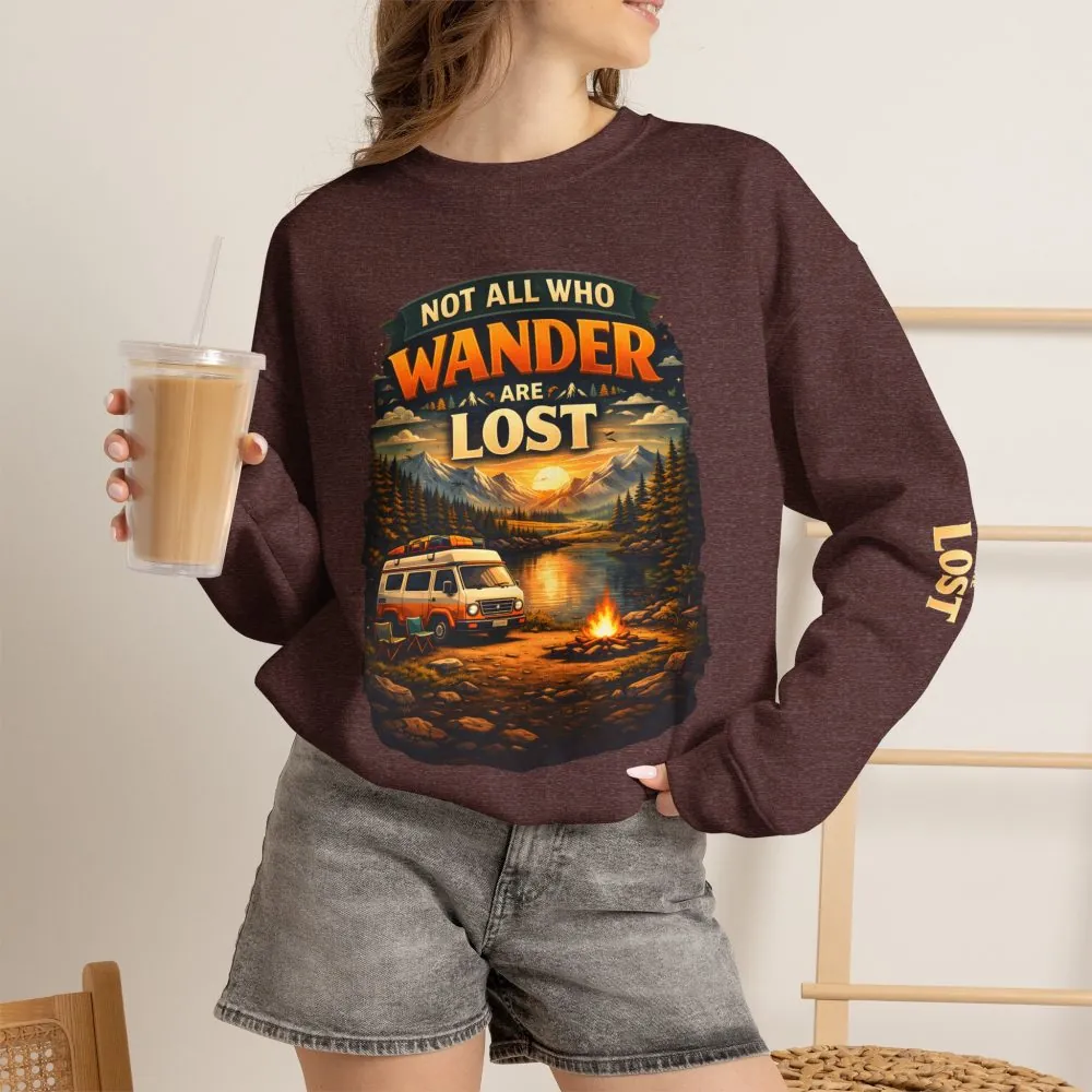 Unisex Heavy Blend™ Crewneck Sweatshirt — "Not All Who Wander Are Lost" Design Scenic-Line
