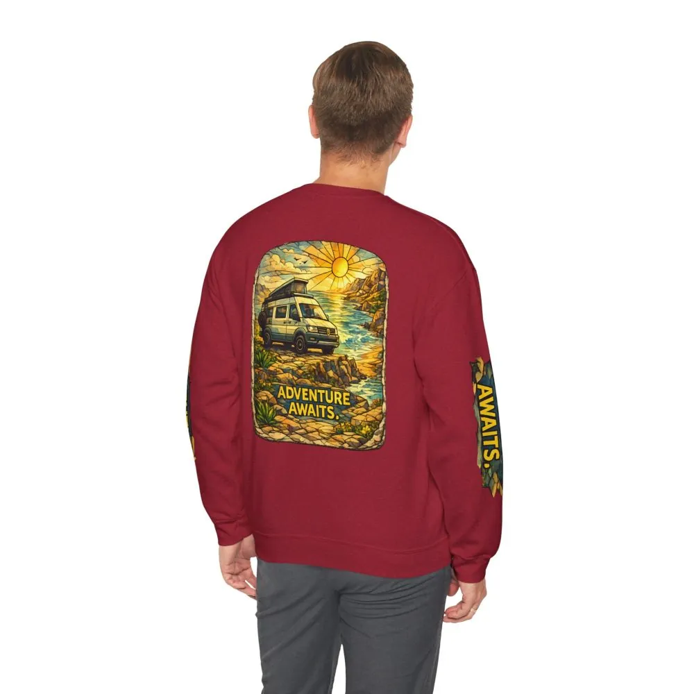 Unisex Heavy Blend™ Crewneck Sweatshirt — "Adventure Awaits" Design Cubic-Line