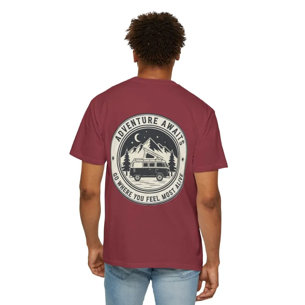 13200183191925919529_2048.jpeg T-Shirt — "Adventure Awaits-Go Where You Feel Most Alive" (Front + Back Printed) Outdoor Travel Tee