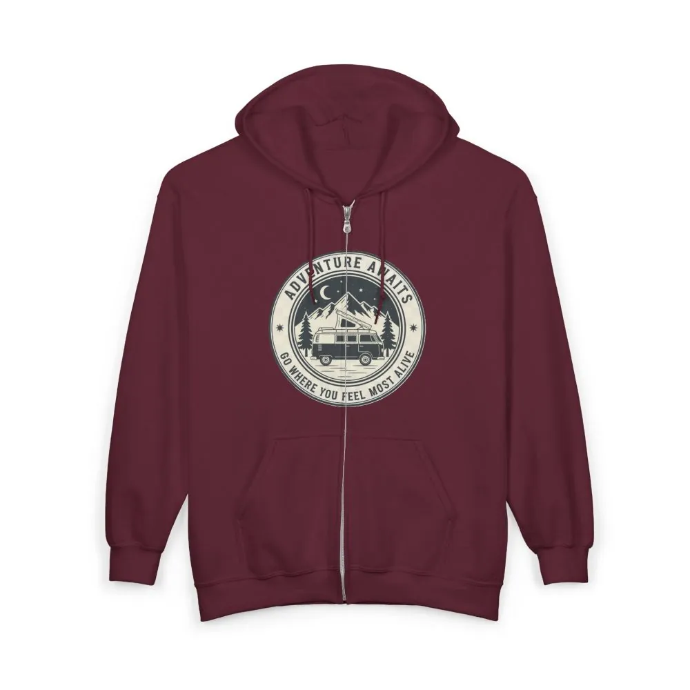 13217044308152967267_2048.jpeg Zip Hoodie — "Adventure Awaits-Go Where You Feel Most Alive" (Only Front Printed) Camper Van Adventure Zip-Up
