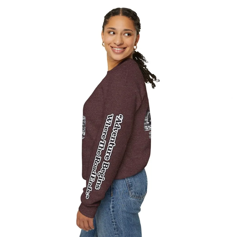 13217213330223055839_2048.jpeg Unisex Heavy Blend™ Crewneck Sweatshirt — "Adventure Begins Where The Road Ends" Design Minimal-Line