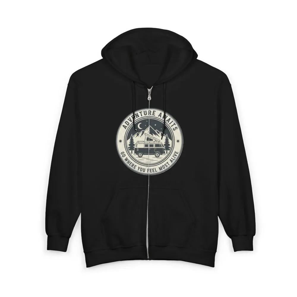13243103745103090977_2048.jpeg Zip Hoodie — "Adventure Awaits-Go Where You Feel Most Alive" (Only Front Printed) Camper Van Adventure Zip-Up