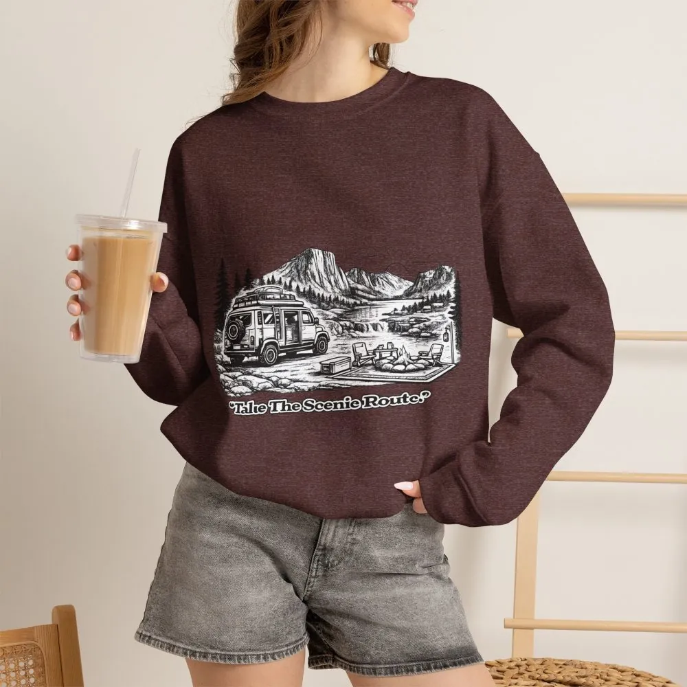 13245995804296137085_2048.jpeg Unisex Heavy Blend™ Crewneck Sweatshirt — "Take The Scenic Route" Design Minimal-Line